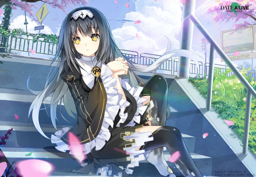 1girl arusu_marina black_dress closed_mouth clouds cumulonimbus_cloud date_a_live date_a_live:_spirit_pledge dress falling_petals frilled_dress frills gradient_hair hairband long_hair long_sleeves looking_at_another multicolored_hair official_art outdoors petals sitting sitting_on_stairs solo stairs stone_stairs white_hairband wide_sleeves yellow_eyes