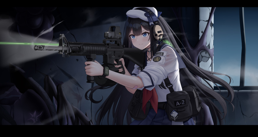 1girl absurdres allenes bandaid bandaid_on_arm beret black_hair blue_eyes blue_sailor_collar blue_skirt closed_mouth commentary_request ear_protection flashlight gun hat headset highres holding holding_gun holding_weapon indoors letterboxed long_hair neckerchief night original pleated_skirt red_neckerchief sailor_collar school_uniform serafuku shirt short_sleeves skirt solo v-shaped_eyebrows very_long_hair weapon weapon_request white_hat white_shirt window