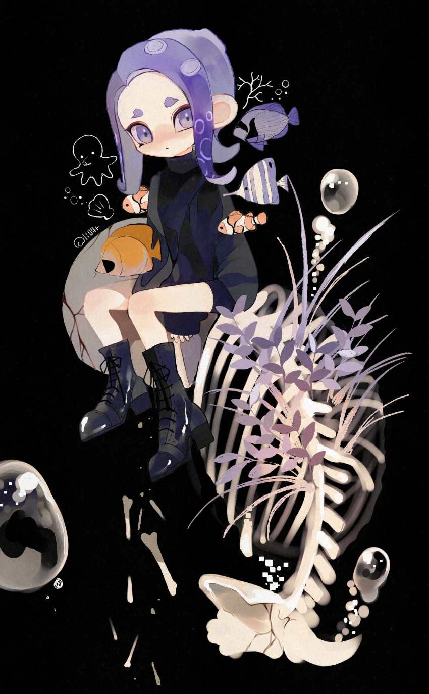 1girl absurdres black_background black_footwear black_sweater boots bubble closed_mouth commentary cross-laced_footwear fish fish_skeleton goldfish highres li04r medium_hair octoling octoling_girl octoling_player_character octopus purple_hair shell simple_background splatoon_(series) sweater tentacle_hair thick_eyebrows turtleneck turtleneck_sweater violet_eyes