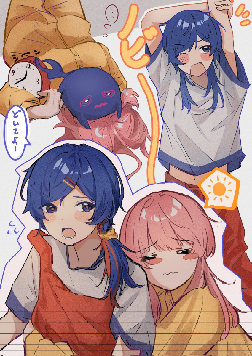 2girls :o apron bangs_pinned_back blue_eyes blue_hair blush blush_stickers breasts buttons hair_ornament hair_tie hairpin highres kaf_(kamitsubaki_studio) kamitsubaki_studio long_hair looking_to_the_side low-tied_long_hair lower_teeth_only medium_breasts midriff multicolored_hair multiple_girls multiple_views nami_(wa98449) navel one_eye_closed open_mouth outline pajamas pants raised_eyebrows red_apron red_pants redhead rim_(kamitsubaki_studio) shirt shirt_overhang streaked_hair stretching swept_bangs teeth white_outline yellow_pajamas yellow_pants yellow_pupils yellow_shirt yuri