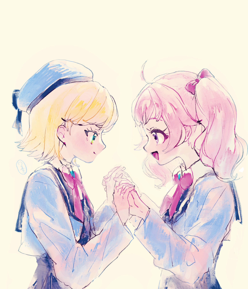 2girls :d aozora_himari beret blonde_hair blue_hat blue_jacket blush closed_mouth commentary_request cropped_jacket eye_contact from_side green_eyes hands_up hat highres himitsu_no_aipri holding_hands hoshikawa_mitsuki jacket long_sleeves looking_at_another multiple_girls neck_ribbon noromame open_mouth pink_hair pink_ribbon pretty_series profile ribbon school_uniform short_hair smile twintails upper_body violet_eyes