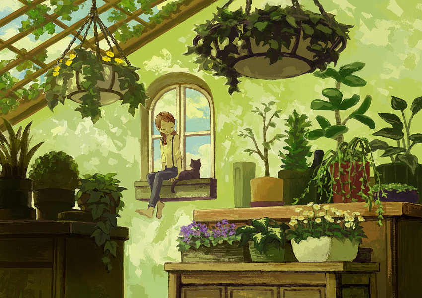 1girl animal barefoot black_cat blue_sky brown_hair cat closed_eyes clouds commentary_request day flower green_theme hanging_plant highres indoors leaf long_hair monaka_(siromona) original overalls pants plant potted_plant purple_flower scenery shirt sitting sky smile solo tree vines white_flower wide_shot window windowsill yellow_flower