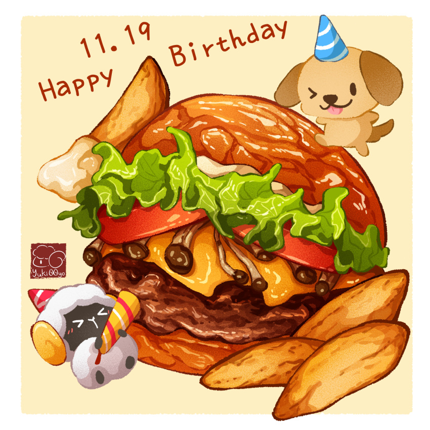 &gt;_&lt; &gt;_o animal artist_logo bread burger cheese dated dog fast_food food food_focus french_fries happy_birthday hat highres lettuce mayonnaise meat mushroom no_humans one_eye_closed original party_hat sheep tomato tongue tongue_out undersized_animal yuki00yo