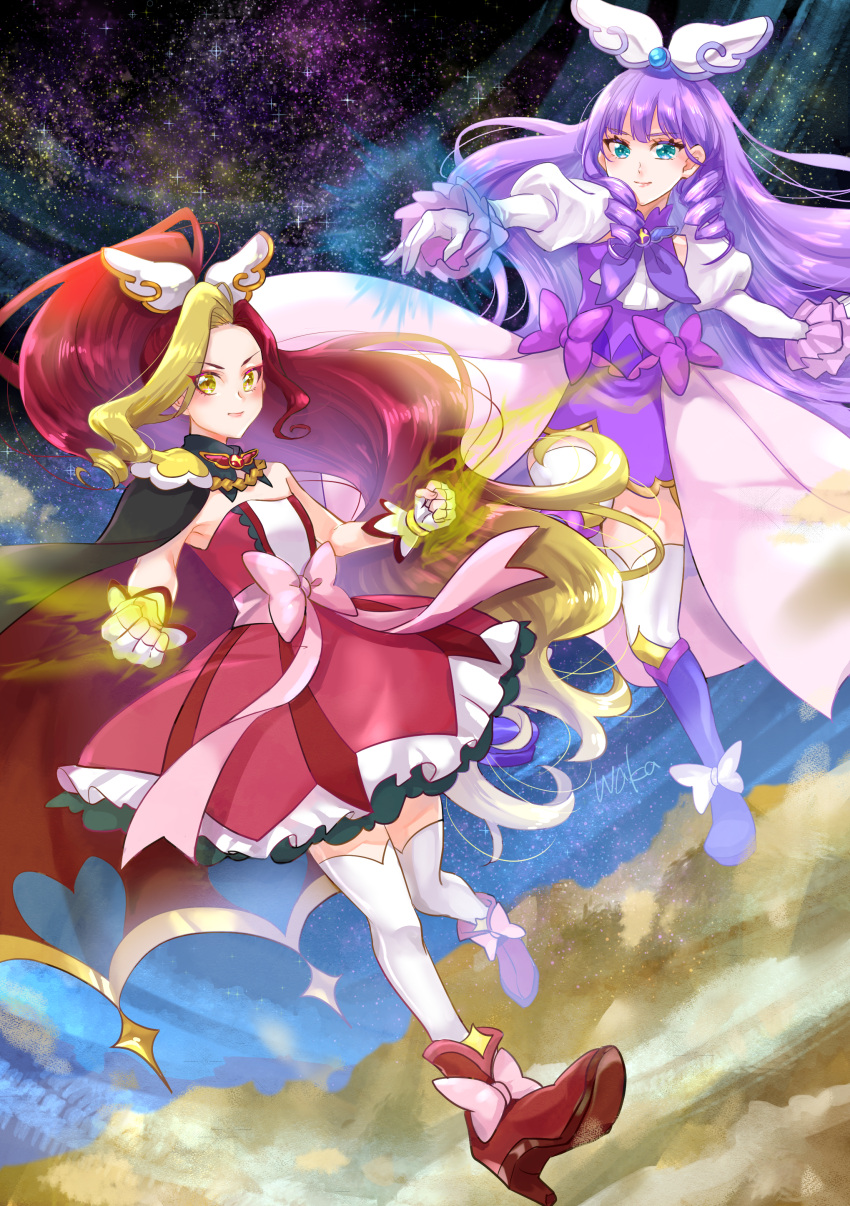2girls absurdres aqua_eyes artist_name black_cape blonde_hair boots bow brooch cape clenched_hands commentary cure_noble dress dress_bow drill_hair drill_sidelocks empress_undergu fingerless_gloves frilled_dress frills gloves half-dress high_heel_boots high_heels high_ponytail highres hirogaru_sky!_precure jewelry juliet_sleeves long_dress long_hair long_sleeves magical_girl miniskirt multicolored_hair multiple_girls pink_bow precure princess_ellerein puffy_sleeves purple_bow purple_footwear purple_hair purple_skirt red_cape red_dress red_footwear redhead sidelocks signature skirt space strapless strapless_dress thigh-highs two-sided_cape two-sided_fabric two-tone_hair very_long_hair waka_(negronoir) white_gloves white_thighhighs wing_brooch wing_hair_ornament yellow_eyes