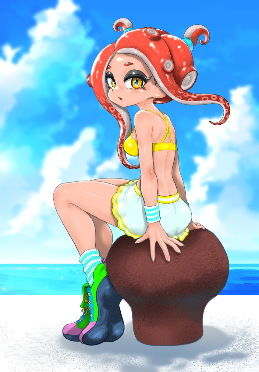 1girl bare_shoulders bikini bikini_top_only blue_pupils blue_sky breasts clouds day full_body highres koharu2.5 long_hair medium_breasts miniskirt multicolored_footwear ocean octoling octoling_girl octoling_player_character open_mouth orange_eyes outdoors redhead shoes sitting skirt sky socks solo splatoon_(series) striped_clothes striped_socks striped_wristband suction_cups swimsuit teeth tentacle_hair two_side_up upper_teeth_only water white_skirt wristband yellow_bikini