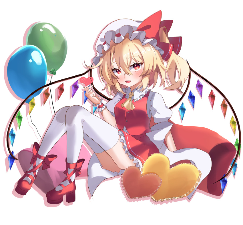 1girl absurdres ascot balloon blonde_hair crystal_wings flandre_scarlet full_body hat hat_ribbon heart high_heels highres iris_(airisu495) open_mouth red_eyes red_ribbon ribbon side_ponytail simple_background solo thigh-highs touhou white_background white_mob_cap white_thighhighs wrist_cuffs yellow_ascot