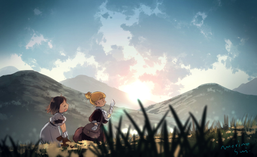 2girls artist_name bag black_hair blonde_hair blurry blurry_foreground brown_hair closed_eyes clouds commentary_request dress field gloves grass hair_bun holding morino0903 mountain multiple_girls open_mouth original outdoors profile scenery short_hair short_sleeves signature single_hair_bun sky smile walking