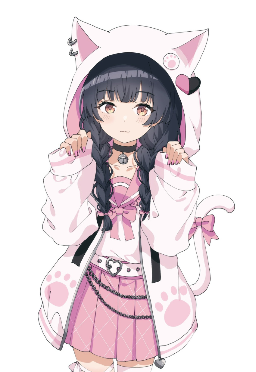 1girl :3 animal_ear_hood animal_ear_piercing bell belt black_choker black_hair blush bow bowtie braid brown_eyes buckle cat_tail chain choker clenched_hand closed_mouth cowboy_shot hair_over_shoulder hands_up heart heart-shaped_buckle highres hood hood_up hooded_jacket idolmaster idolmaster_shiny_colors jacket long_hair long_sleeves looking_at_viewer mayuzumi_fuyuko migolu neck_bell open_clothes open_jacket paw_print pink_bow pink_bowtie pink_jacket pink_sailor_collar pink_skirt pleated_skirt sailor_collar shirt_tucked_in simple_background skirt sleeves_past_wrists swimsuit tail tail_bow tail_ornament thigh-highs twin_braids white_background white_belt white_thighhighs