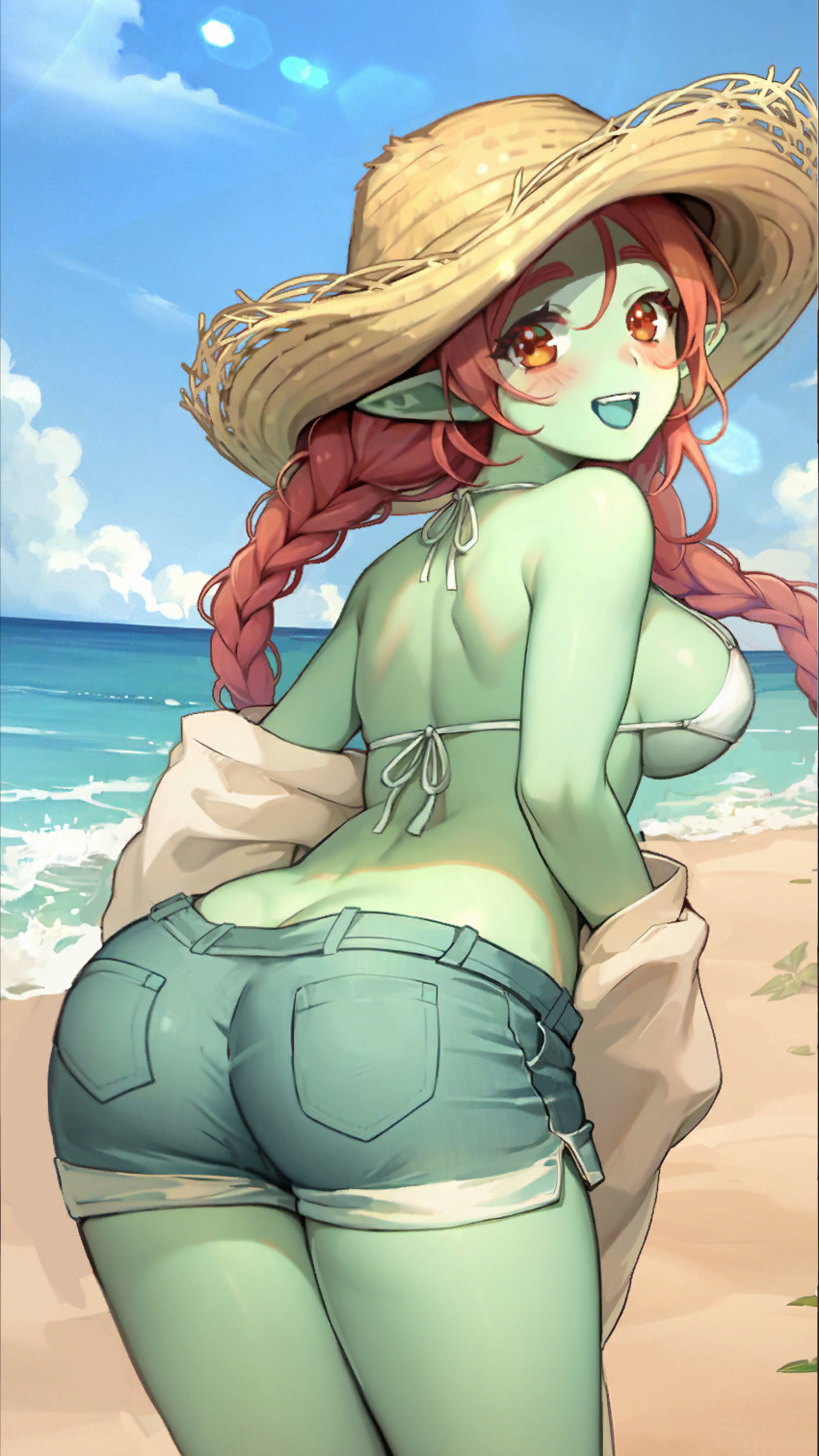 1girl :d absurdres ai-generated ass bent_over blue_tongue blush braid breasts charlotte_(isekai:_slow_life) colored_skin colored_tongue denim denim_shorts female_goblin goblin green_skin hand_up hat highres isekai:_slow_life legs long_hair looking_at_viewer medium_breasts monster_girl non-web_source one_eye_closed open_mouth pointy_ears red_eyes redhead shirt shorts smile straw_hat thigh_gap thighs twin_braids twintails