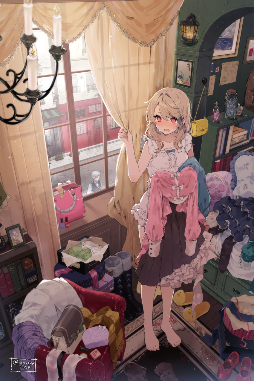 1boy 1girl animal_slippers armchair bag bare_legs barefoot book bookshelf boots bottle braid brown_hair candelabra candlestand chair chandelier chemise chest_of_drawers corked_bottle curtain_grab curtains frilled_chemise hair_ribbon handbag highres holding holding_clothes ikeuchi_tanuma indoors lamp leuk_(ikeuchi_tanuma) nail_polish_bottle open_mouth original painting_(object) photo_(object) picture_frame pillow red_eyes red_footwear ribbon road shoes slippers standing street sweat tino_(ikeuchi_tanuma) unworn_boots unworn_shoes unworn_socks wavy_mouth window
