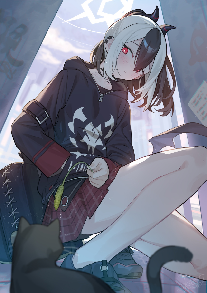 1girl alley backpack bag bare_legs black_cat black_choker black_hair black_hoodie black_horns blue_archive cat choker city demon_horns ear_piercing earclip halo highres holding hood hoodie horns kayoko_(blue_archive) legs low_wings multicolored_hair nao_(syn_eaa) outdoors piercing red_eyes red_skirt single_wing skirt solo squatting two-tone_hair white_hair white_halo wings