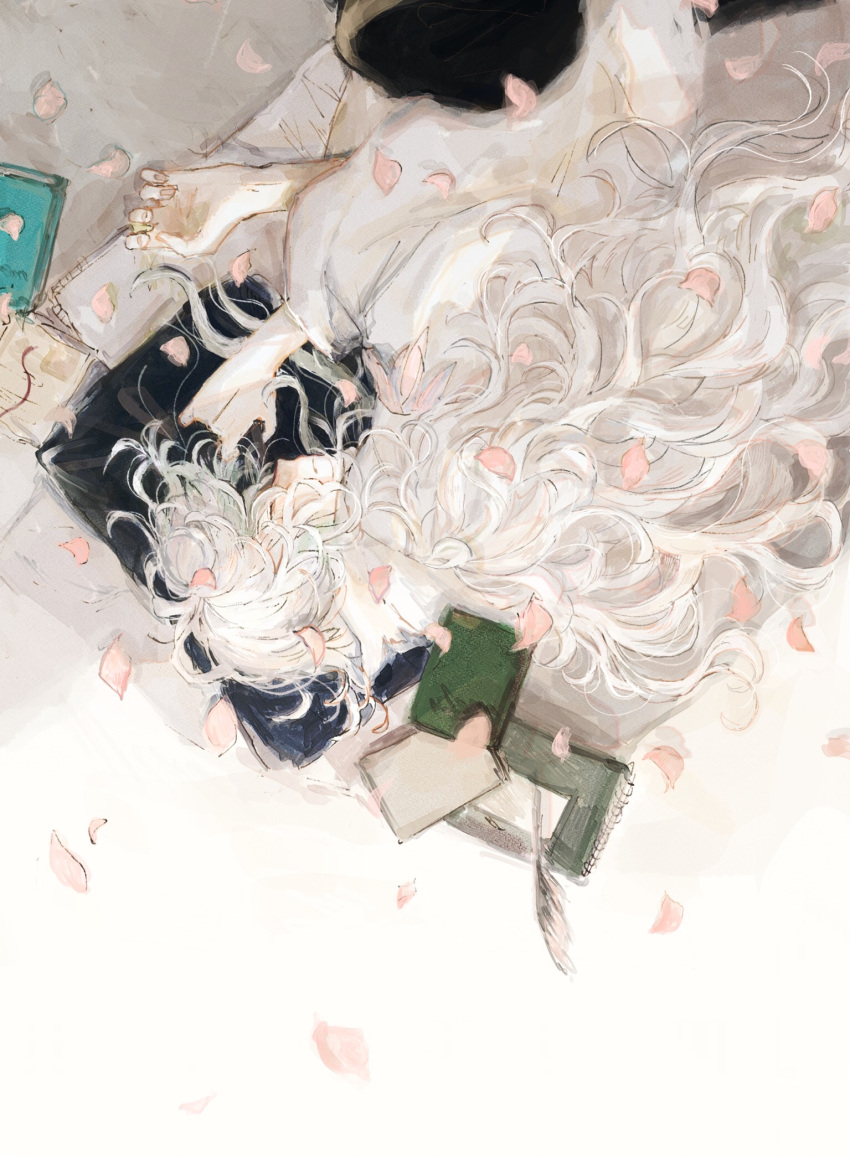 1boy closed_eyes closed_mouth falling_petals fate/grand_order fate_(series) fuwafuwa_no_inu highres long_hair long_sleeves lying male_focus merlin_(fate) on_side petals pile_of_books robe simple_background sleeping solo upper_body very_long_hair white_background white_hair white_robe