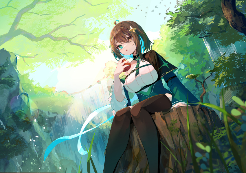 1girl absurdres ahoge apple aqua_ribbon arm_belt black_capelet black_thighhighs blue_hair blue_ribbon blurry blurry_foreground braid breasts brown_eyes brown_hair capelet chest_belt cliff colored_inner_hair cross-shaped_pupils day detached_sleeves dress dutch_angle eating feet_out_of_frame flock food forest frilled_sleeves frills fruit grass green_dress green_eyes green_ribbon green_sleeves hair_flaps hair_ornament hair_ribbon half_capelet hand_up heterochromia highres holding holding_food holding_fruit indie_virtual_youtuber large_breasts light_blue_hair light_particles meica_(vtuber) mismatched_pupils multicolored_hair nature ribbon shirt single-shoulder_shirt single_braid sitting_on_tree_stump sleeveless sleeveless_shirt solo sprout sprout-shaped_pupils star_(symbol) star_hair_ornament symbol-shaped_pupils tamago_nezumi thigh-highs tree tree_stump virtual_youtuber water waterfall white_shirt