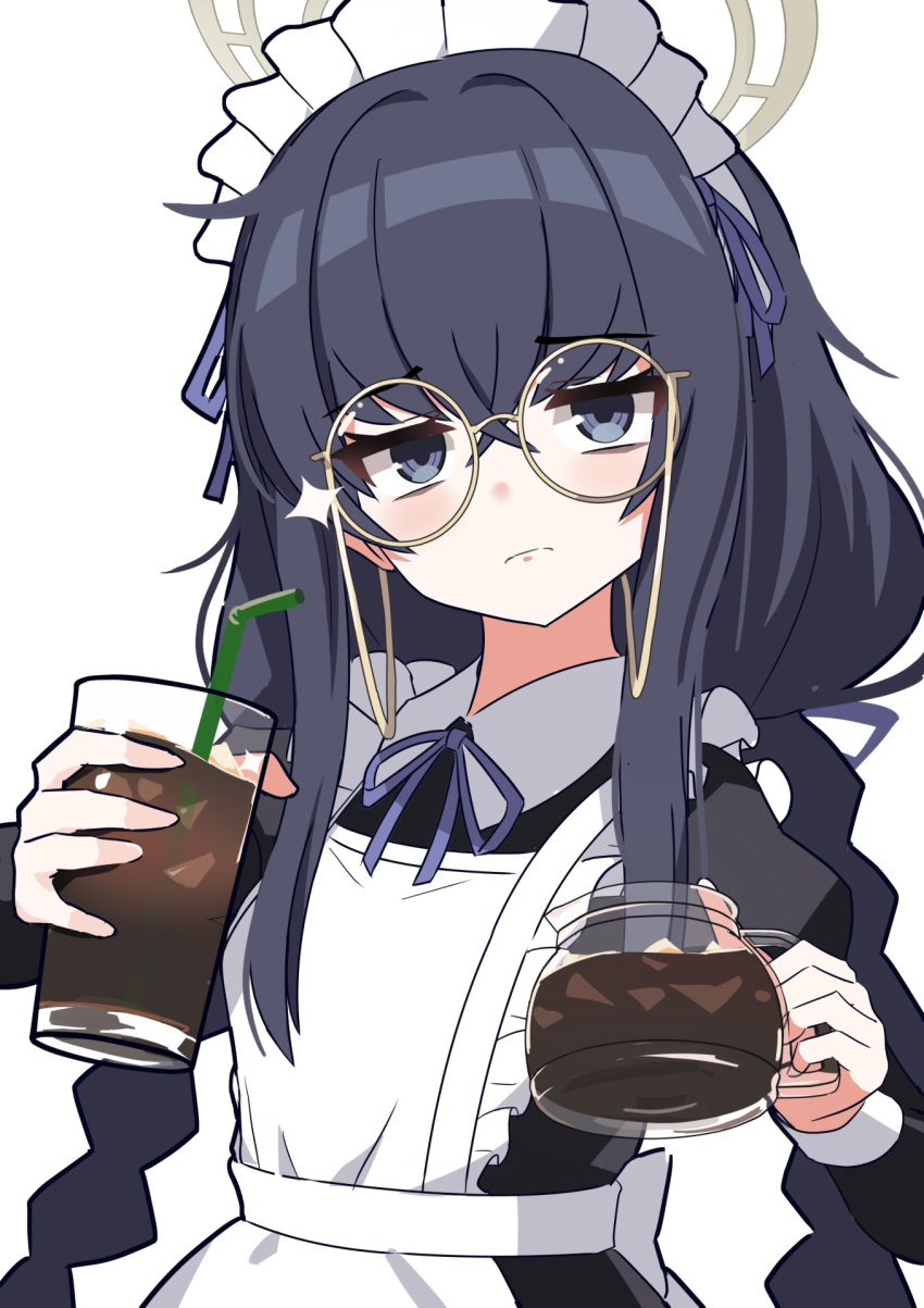 1girl alternate_costume apron bags_under_eyes black_eyes black_hair blue_archive closed_mouth coffee commentary_request cup drinking_straw enmaided frilled_apron frills glasses hair_between_eyes halo highres holding holding_cup long_hair long_sleeves looking_at_viewer maid maid_headdress round_eyewear simple_background solo ui_(blue_archive) white_apron white_background xaiqi