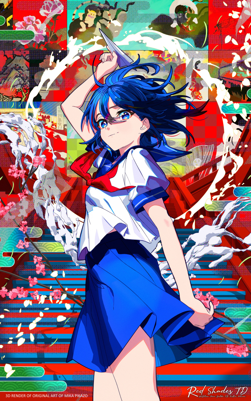 1girl 3d absurdres arm_up artist_name blue_eyes blue_hair blue_sailor_collar blue_serafuku blue_skirt cel_shading closed_mouth colored_eyelashes cowboy_shot derivative_work english_commentary floating_clothes floating_hair floating_neckwear from_side highres holding holding_paper_airplane looking_at_viewer midriff_peek mika_pikazo neckerchief original paper_airplane pleated_skirt red_neckerchief redshadestd sailor_collar school_uniform serafuku short_hair short_sleeves skirt smile solo stairs wind wind_lift