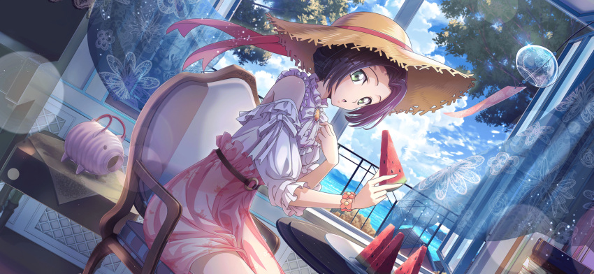 1girl artist_request bare_shoulders belt blue_sky blurry bokeh book brooch clothing_cutout clouds code_geass code_geass:_lost_stories curtains day depth_of_field dutch_angle earrings floral_print_skirt food frilled_shirt frills from_side fruit game_cg green_eyes hands_up hat hat_ribbon high-waist_skirt highres holding holding_food holding_fruit indoors jewelry kayari_buta light_particles long_sleeves looking_at_viewer non-web_source o-ring o-ring_belt official_art on_chair open_mouth open_window orange_gemstone pink_skirt plate purple_hair railing red_ribbon ribbon shirt shirt_tucked_in short_hair shoulder_cutout sidelocks sitting skirt sky solo straw_hat sumeragi_kaguya table watermelon watermelon_slice white_shirt wind_chime window wristband yellow_hat
