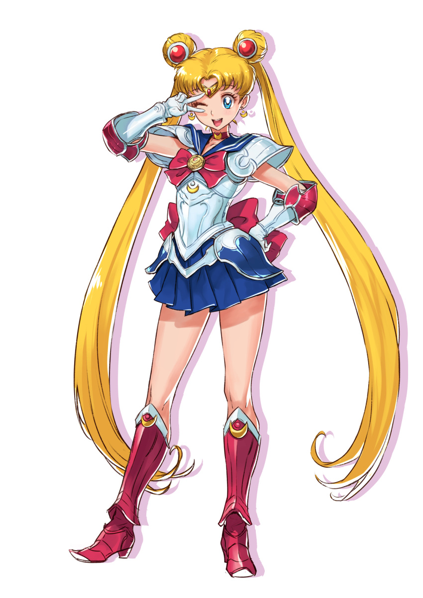 1girl adapted_costume armor bishoujo_senshi_sailor_moon blonde_hair blue_skirt boots choker collarbone crescent crescent_brooch crescent_earrings double_bun earrings hair_bun hand_on_own_hip highres jewelry long_hair ninnin_(shishitou) one_eye_closed red_choker red_footwear sailor_moon shoulder_pads simple_background skirt solo twintails v very_long_hair white_armor white_background