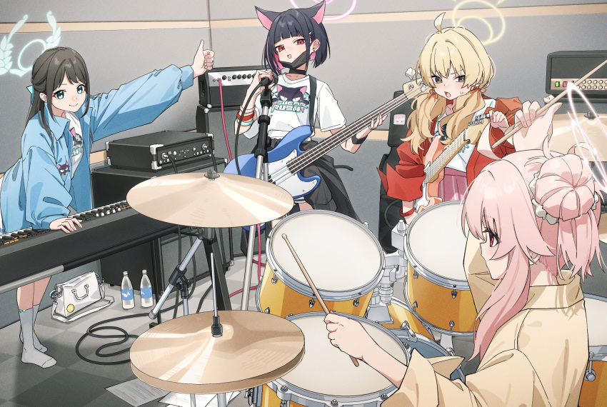 4girls after-school_sweets_club_(blue_archive) airi_(band)_(blue_archive) airi_(blue_archive) amplifier animal_ears bag bass_guitar black_hair black_jacket blue_archive blunt_bangs bob_cut bottle bow bracelet brown_jacket cat_ears cat_girl clothes_around_waist colored_inner_hair commentary drum drum_set drumsticks electric_guitar english_commentary engrish_commentary extra_ears green_eyes grey_eyes guitar hair_between_eyes hair_bow hair_bun hair_ornament hair_ribbon hair_scrunchie hairclip halo handbag highres holding holding_drumsticks holding_instrument holding_microphone indoors instrument jacket jacket_around_waist jewelry kazusa_(band)_(blue_archive) kazusa_(blue_archive) keyboard_(instrument) kneehighs light_brown_hair long_hair long_sleeves looking_at_another low_twintails microphone microphone_stand multicolored_hair multiple_girls music natsu_(band)_(blue_archive) natsu_(blue_archive) official_alternate_costume official_alternate_hairstyle open_clothes open_jacket paper parted_bangs pink_hair pink_skirt plastic_bottle playing_instrument print_shirt red_jacket redhead ribbon ring scrunchie shirt sho_bu_1116 short_hair short_sleeves sidelocks single_side_bun skirt socks speaker studio t-shirt twintails two-tone_hair water_bottle white_shirt white_skirt white_socks yoshimi_(band)_(blue_archive) yoshimi_(blue_archive)