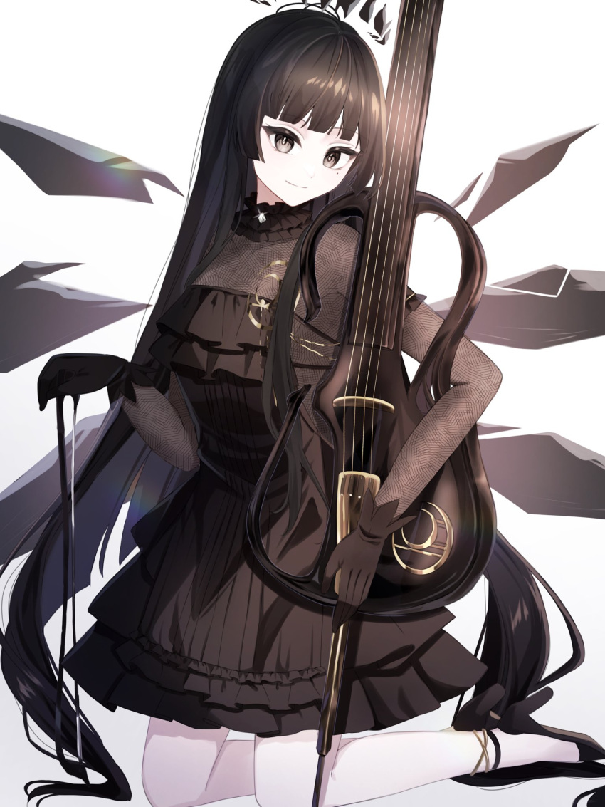 1girl ambience_synesthesia antenna_hair arknights backlighting black_choker black_dress black_eyes black_footwear black_gloves black_hair black_halo black_wings blunt_bangs bright_pupils broken_halo cello choker closed_mouth commentary dark_halo detached_wings dress energy_wings frilled_choker frilled_dress frills from_side full_body gloves hair_spread_out halo hand_rest hand_up high_heels highres hime_cut holding holding_instrument holding_violin instrument invisible_floor kneeling legs long_hair long_sleeves looking_at_viewer looking_to_the_side medium_dress mole mole_under_eye nishimiya_aki pale_skin pumps see-through see-through_dress shadow simple_background smile solo straight_hair very_long_hair violin virtuosa_(arknights) white_background white_pupils wings