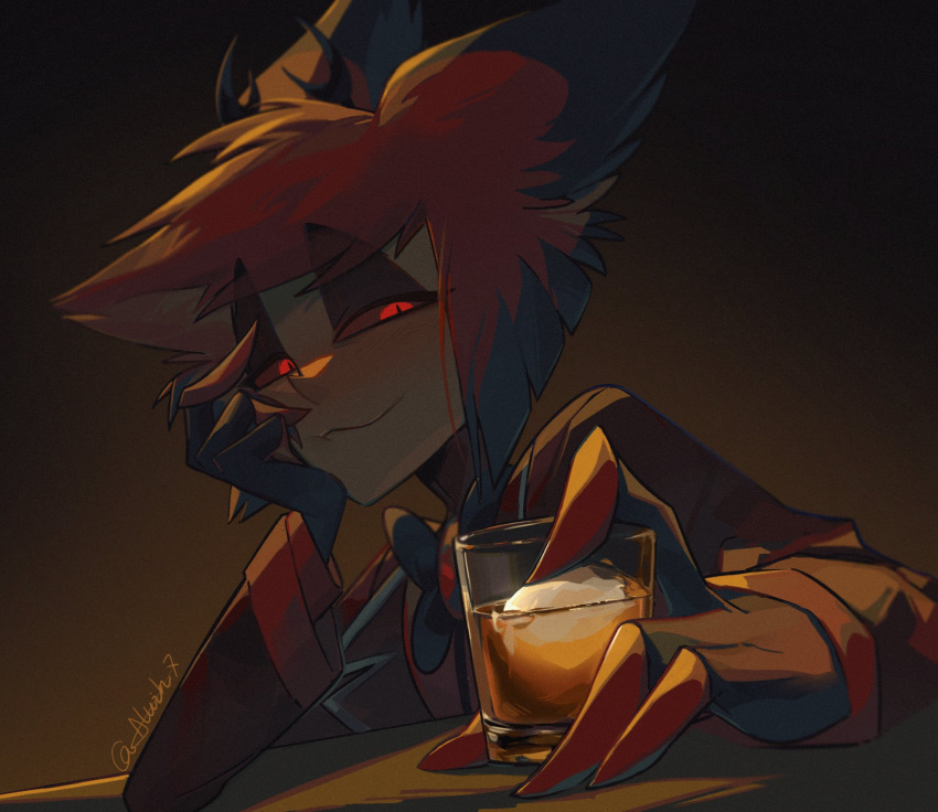 1boy alastor_(hazbin_hotel) alcohol aluih7 commentary cup drinking_glass english_commentary hand_on_own_face hazbin_hotel highres looking_at_viewer male_focus short_hair sitting smile solo