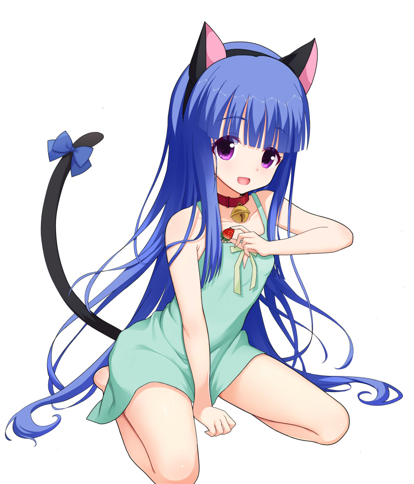 1girl :d absurdres animal_ears arm_support bare_arms bare_shoulders bell belt_collar between_legs blue_bow blunt_bangs blunt_ends bow cat_ears cat_tail chinese_commentary collar collarbone colored_eyelashes commentary dress fake_animal_ears fake_tail flat_chest food fruit full_body furude_rika green_dress hair_spread_out hand_between_legs hand_up happy highres higurashi_no_naku_koro_ni hime_cut holding holding_food holding_fruit jingle_bell light_blush long_hair looking_at_viewer meitoku neck_bell open_mouth short_dress sidelocks sitting sleeveless sleeveless_dress smile solo straight_hair strawberry tail tail_bow tail_ornament tail_raised tareme thighs very_long_hair violet_eyes wariza