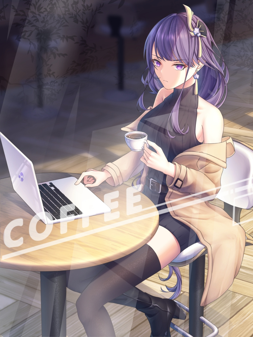 armpit_crease bare_shoulders belt black_footwear black_thighhighs breasts brown_belt brown_coat cafe coat coffee coffee_cup computer cup disposable_cup dress earrings electro_symbol_(genshin_impact) foot_out_of_frame genshin_impact hair_ornament highres holding holding_cup huangquan_(yumi_37948746) jewelry laptop long_hair medium_breasts off-shoulder_coat off_shoulder on_chair purple_hair raiden_shogun sitting thigh-highs turtleneck turtleneck_dress very_long_hair violet_eyes