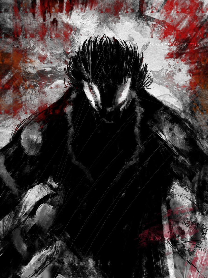 1boy arm_tattoo artist_name extra_arms extra_eyes glowing glowing_eyes greyscale highres jujutsu_kaisen looking_at_viewer monochrome rbeeditss red_aura ryoumen_sukuna_(jujutsu_kaisen) ryoumen_sukuna_(true_form)_(jujutsu_kaisen) shaded_face short_hair shoulder_tattoo silhouette solo spiky_hair tattoo