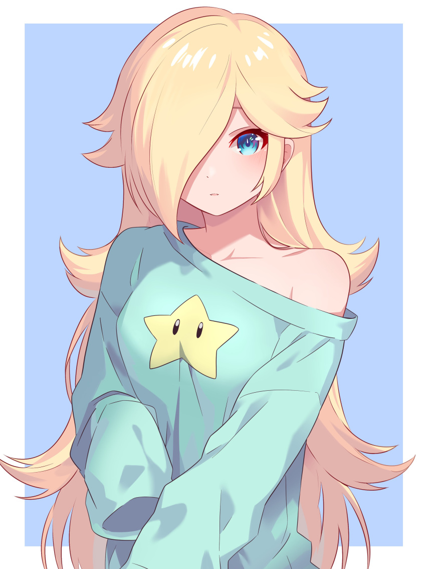 1girl absurdres alternate_costume blonde_hair blue_eyes blue_sweater hair_over_one_eye highres long_bangs long_hair long_sleeves parted_lips rosalina ryu160303 single_bare_shoulder sleeves_past_fingers sleeves_past_wrists solo super_mario_bros. super_star_(mario) sweater upper_body very_long_hair