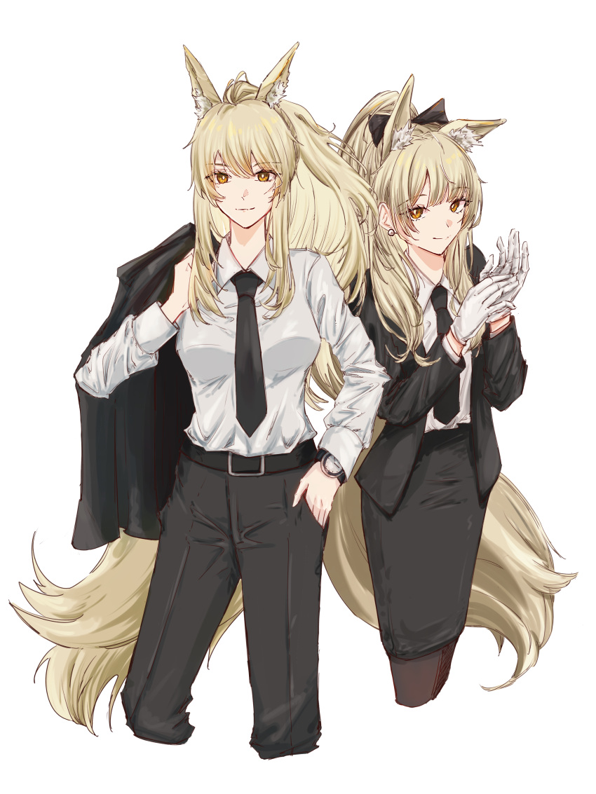 2girls absurdres animal_ear_fluff animal_ears arknights belt belt_buckle black_belt black_bow black_jacket black_necktie black_pants black_skirt blemishine_(arknights) blonde_hair bow bright_pupils brown_pantyhose buckle cheddar_n closed_mouth collared_shirt commentary_request cropped_legs earrings gloves hair_bow hand_in_pocket hand_up hands_up highres holding holding_clothes holding_jacket jacket jewelry long_hair long_sleeves looking_at_viewer multiple_girls nearl_(arknights) necktie open_clothes open_jacket own_hands_together pants pantyhose pencil_skirt shirt shirt_tucked_in simple_background skirt smile standing tail unworn_jacket watch watch white_background white_gloves white_pupils white_shirt yellow_eyes yellow_tail