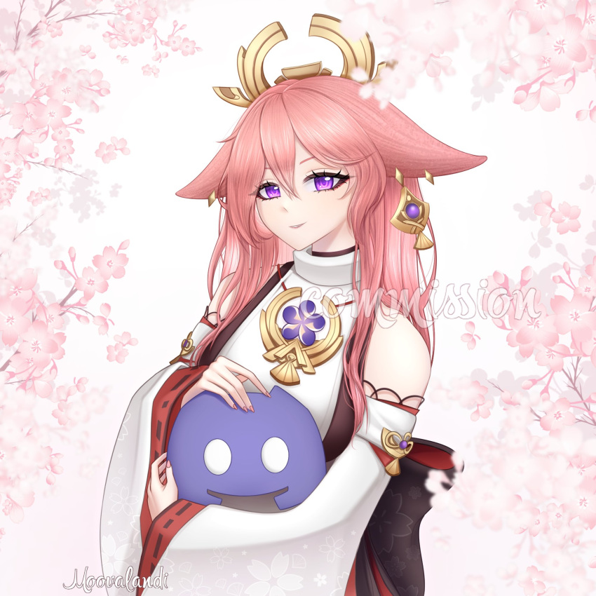 1girl animal_ears cherry_blossoms crown discord earrings fox_ears genshin_impact highres japanese_clothes jewelry looking_at_viewer moovalandi original pink_hair solo violet_eyes yae_miko
