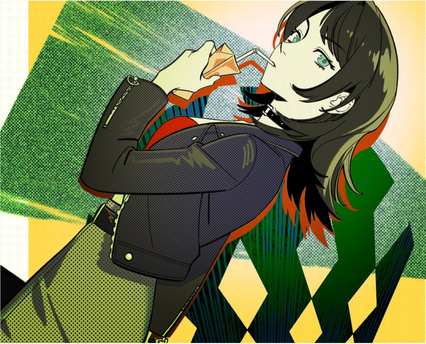 1girl abstract_background aguan bang_dream! bang_dream!_it's_mygo!!!!! black_choker black_hair black_jacket blue_eyes choker commentary drinking_straw drinking_straw_in_mouth dutch_angle halftone hashtag-only_commentary highres holding jacket juice_box long_hair long_sleeves looking_at_viewer red_shirt shirt solo yahata_umiri