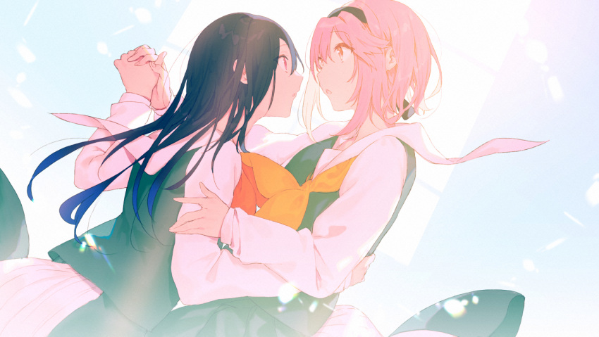 2girls bad_id bad_pixiv_id black_hair black_hairband character_request copyright_request dress eye_contact fifuth hairband holding_hands long_hair long_sleeves looking_at_another multiple_girls neckerchief open_mouth parted_lips pink_eyes pink_hair sailor_collar school_uniform serafuku shirt short_hair skirt white_sailor_collar white_shirt yuri