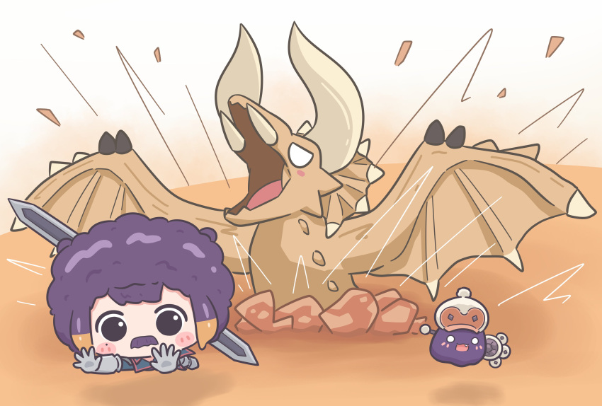absurdres afro alternate_costume armor blush_stickers chibi diablos facial_hair fang highres hololive hololive_english horns monster_hunter:_world monster_hunter_(series) mpien mustache ninomae_ina'nis o_o open_mouth orange_hair purple_hair smile sword takodachi_(ninomae_ina'nis) tentacle_hair virtual_youtuber weapon
