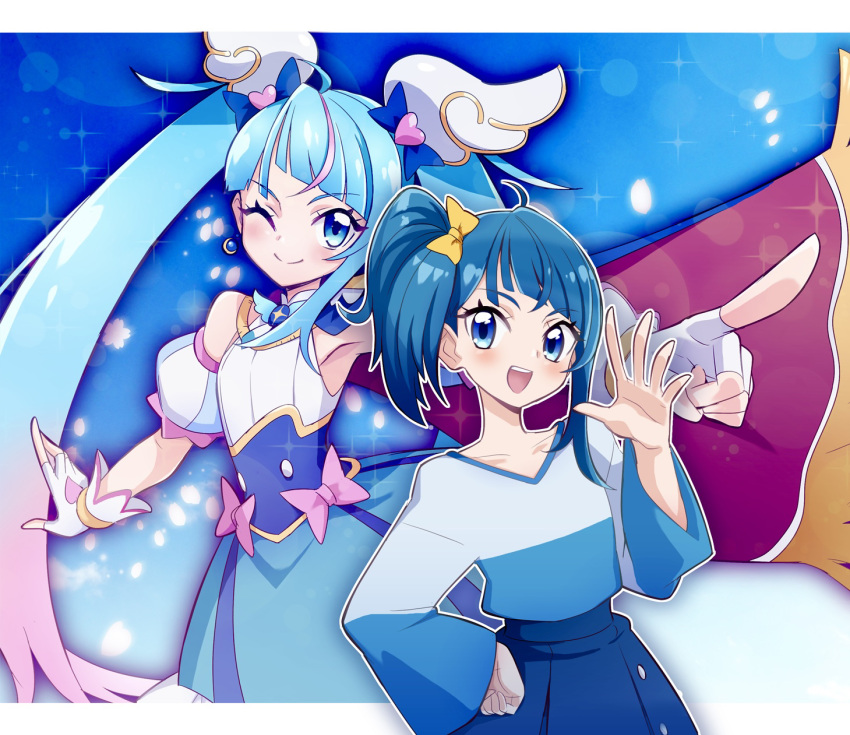 2girls ahoge blue_bow blue_cape blue_dress blue_eyes blue_hair blue_shirt blue_skirt bow cape commentary_request cure_sky cut_bangs detached_sleeves dress dress_bow dual_persona earrings fingerless_gloves frilled_dress frills fringe_trim gloves gradient_hair hair_bow hand_on_own_hip highres hirogaru_sky!_precure jewelry long_hair looking_at_viewer magical_girl multicolored_hair multiple_girls one_eye_closed open_mouth pink_bow pink_hair pleated_skirt precure puffy_detached_sleeves puffy_sleeves red_cape shirt short_dress side_ponytail single_sidelock skirt sleeveless sleeveless_dress smile sora_harewataru standing streaked_hair twintails two-sided_cape two-sided_fabric two-tone_dress two-tone_hair two-tone_shirt usoco v-neck very_long_hair waving white_dress white_gloves white_shirt wide_sleeves wing_hair_ornament yellow_bow