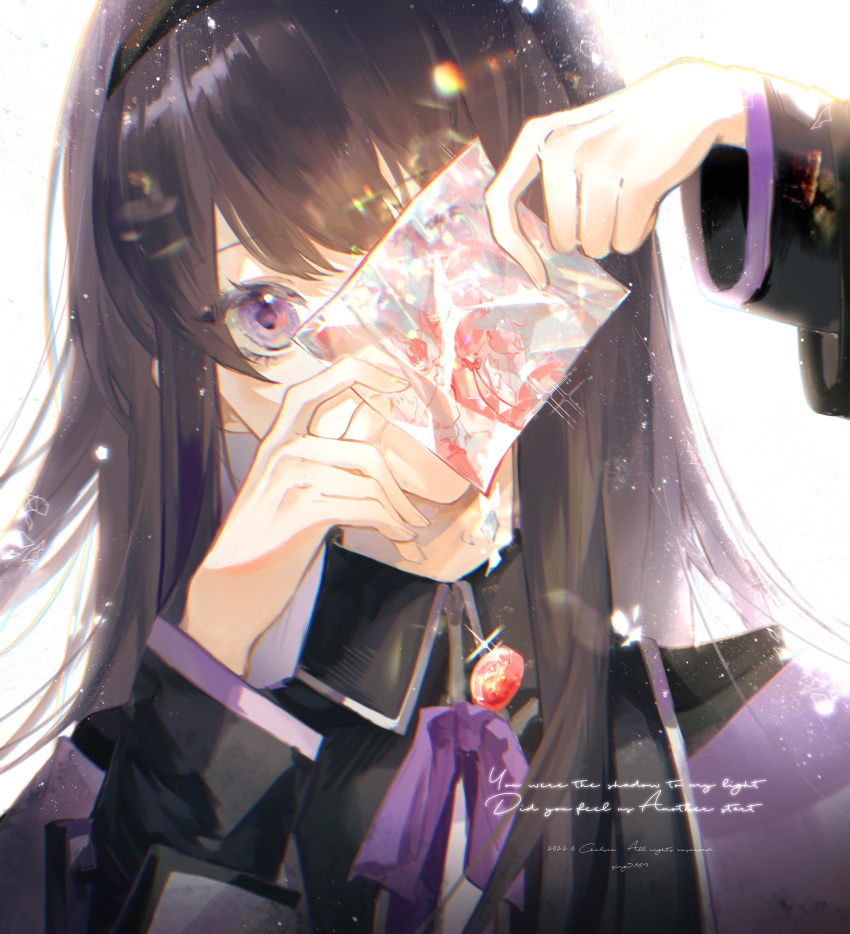 absurdres akemi_homura black_hair black_hairband caibaozi capelet character_print chinese_commentary collared_capelet gem glint hairband hands_up highres holding holding_paper kaname_madoka long_hair long_sleeves looking_at_viewer mahou_shoujo_madoka_magica mahou_shoujo_madoka_magica_(anime) neck_ribbon one_eye_covered paper portrait purple_capelet red_gemstone ribbon simple_background violet_eyes white_background