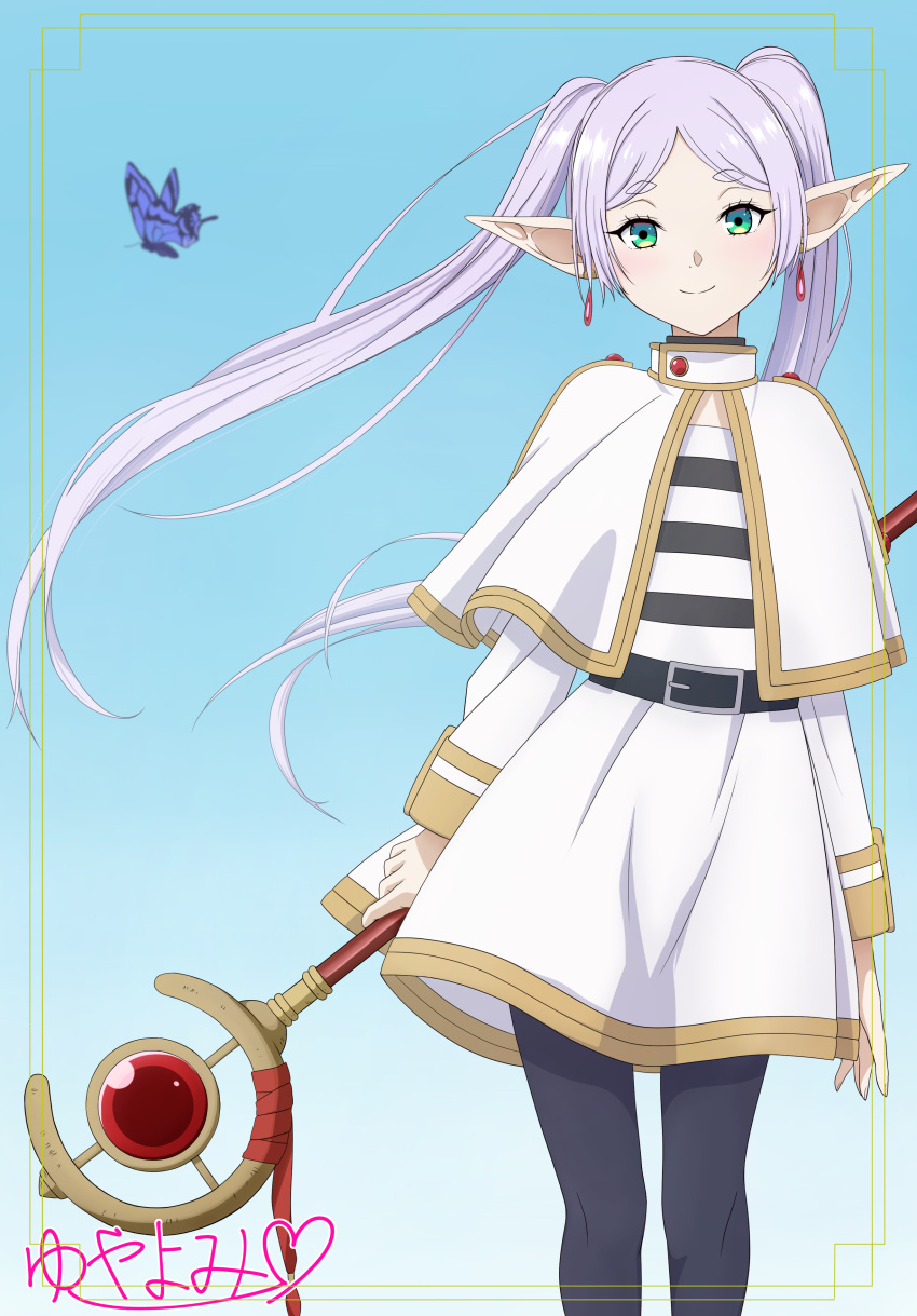 1girl absurdres arms_at_sides belt black_pantyhose blue_butterfly blush bug butterfly capelet closed_mouth commentary dress drop_earrings earrings elf eyelashes feet_out_of_frame floating_hair frieren green_eyes grey_hair heart highres holding holding_staff jewelry long_hair long_sleeves looking_at_viewer mage_staff pantyhose parted_bangs pointy_ears ribbon short_eyebrows signature skirt smile solo sousou_no_frieren staff standing straight_hair thick_eyebrows twintails very_long_hair wand weapon white_capelet white_skirt wizard yuyayomi