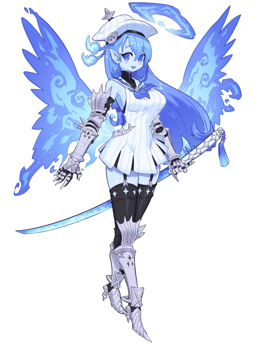 1girl :d absurdres armor black_thighhighs blue_eyes blue_hair blue_neckerchief blue_skin blue_wings colored_skin dress from_side full_body garter_straps gauntlets greaves hair_between_eyes halo hat highres holding holding_sword holding_weapon inu_fuji katana long_hair looking_at_viewer neckerchief open_mouth original pointy_ears simple_background sleeveless sleeveless_dress smile solo swept_bangs sword tassel thigh-highs weapon white_background white_dress white_hat wings