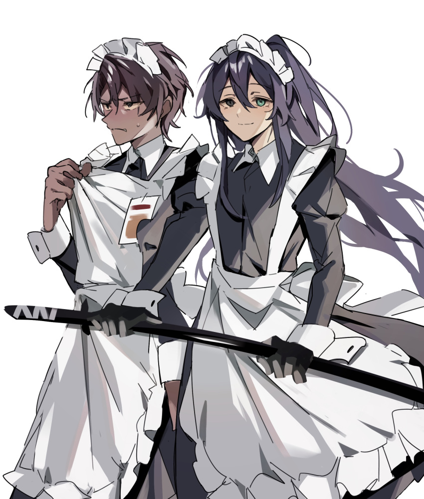 2boys absurdres alternate_costume apron arm_at_side averting_eyes back_bow black_dress black_eyes blue_eyes blush bow brown_hair closed_mouth clothes_grab crossdressing dark-skinned_male dark_skin dress embarrassed enmaided frills furrowed_brow grey_eyes hair_between_eyes heathcliff_(project_moon) heterochromia highres holding holding_sword holding_weapon hong_lu_(project_moon) id_card juliet_sleeves limbus_company long_hair long_sleeves looking_at_viewer maid maid_apron maid_headdress male_focus male_maid mu46016419 multiple_boys otoko_no_ko ponytail project_moon puffy_sleeves sheath short_hair sidelocks simple_background smile sweat sword unsheathing very_long_hair weapon white_apron white_background white_bow