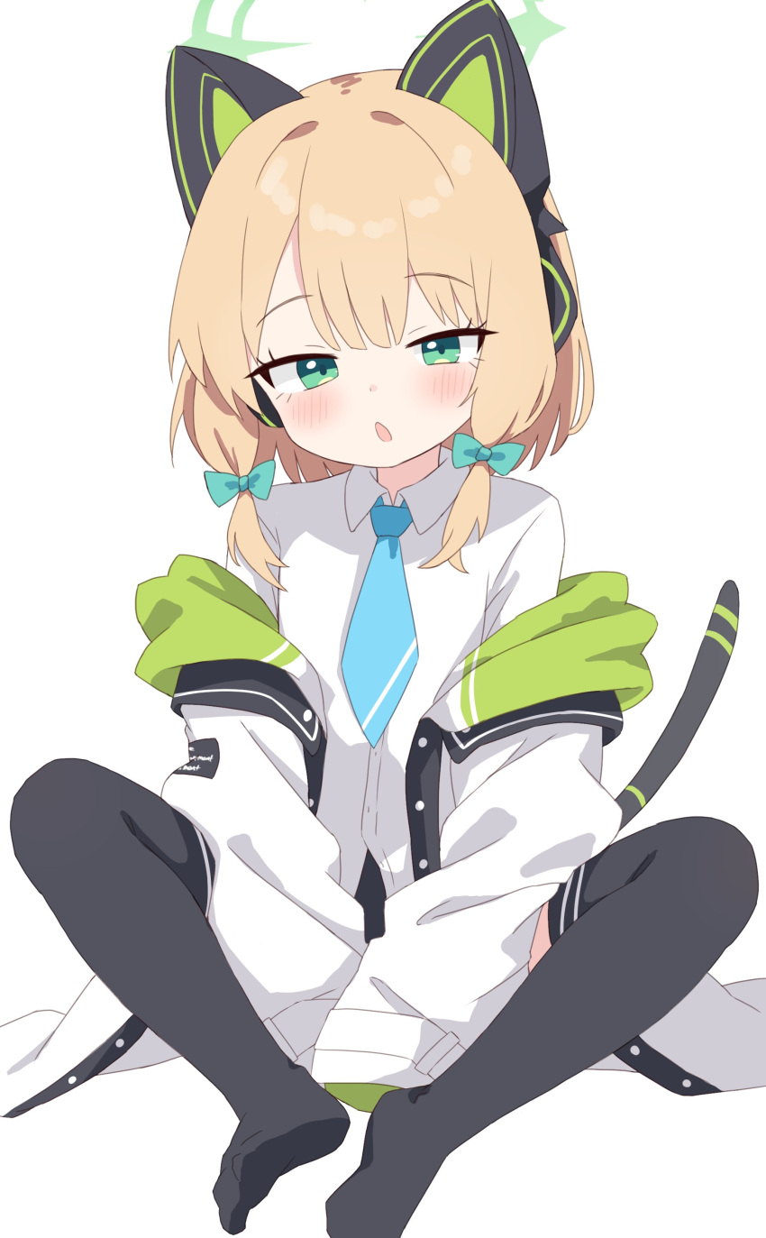 1girl absurdres animal_ear_headphones animal_ears black_thighhighs blonde_hair blue_archive blue_necktie blush bow cat_tail collared_shirt fake_animal_ears green_bow green_eyes green_halo hair_bow halo headphones highres jacket long_sleeves looking_at_viewer midori_(blue_archive) necktie open_clothes open_jacket open_mouth shirt short_hair simple_background solo tail thigh-highs white_background white_jacket white_shirt yukisiannn