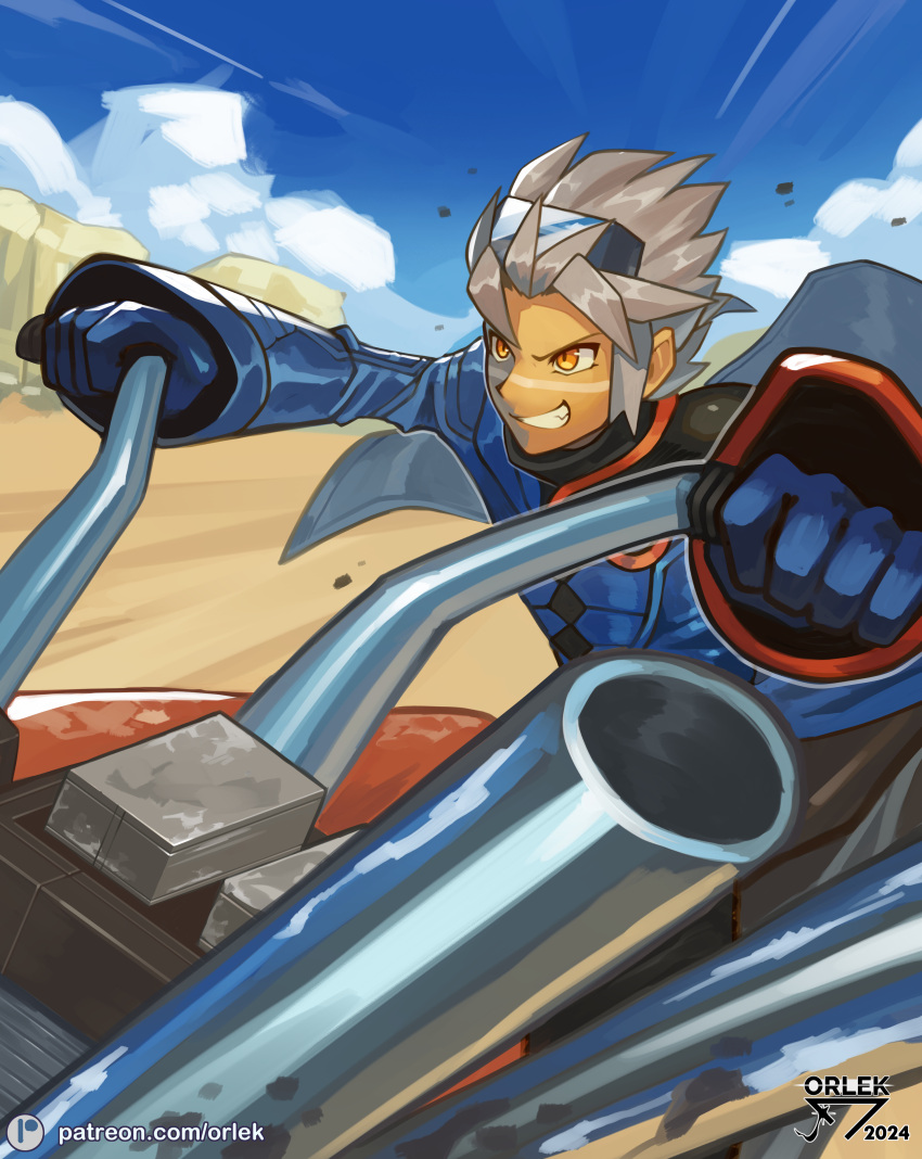 1boy absurdres artist_logo artist_name blue_coat blue_gloves clouds coat desert gloves goggles grey_hair highres male_focus motor_vehicle motorcycle orange_eyes orlek patreon_username pokemon pokemon_colosseum riding short_hair smirk solo teeth wes_(pokemon)