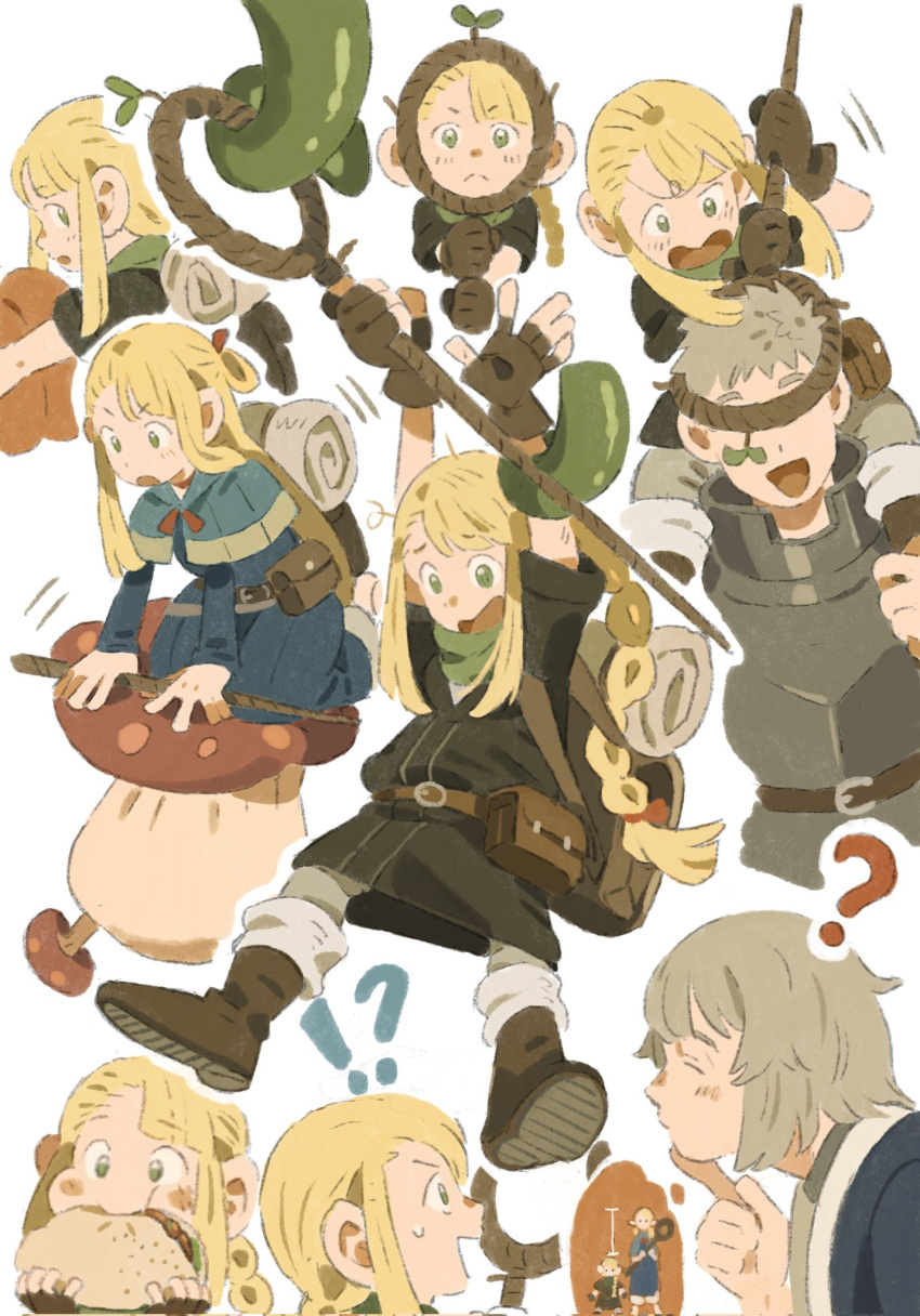 1boy 2girls armor blonde_hair blue_capelet blue_robe capelet closed_eyes closed_mouth dungeon_meshi eating elf falin_touden green_eyes halfling highres holding holding_staff laios_touden long_hair long_sleeves looking_at_viewer mage_staff marcille_donato multiple_girls mushroom open_mouth plate_armor pointy_ears robe short_hair simple_background smile staff very_short_hair white_background x_xinnnnnn
