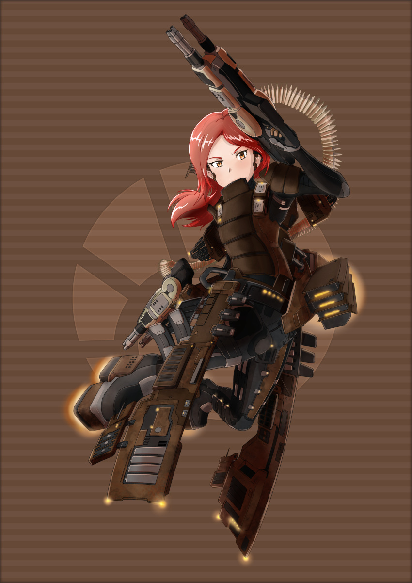 1girl absurdres alexandra_magritte armor black_footwear black_gloves brown_background brown_eyes bulletproof_vest elbow_gloves eve_online evemoedesu fingerless_gloves full_body gloves gun highres holding holding_gun holding_weapon jet_boots long_hair looking_at_viewer power_armor power_suit redhead simple_background solo striped_background tada-kun_wa_koi_wo_shinai weapon