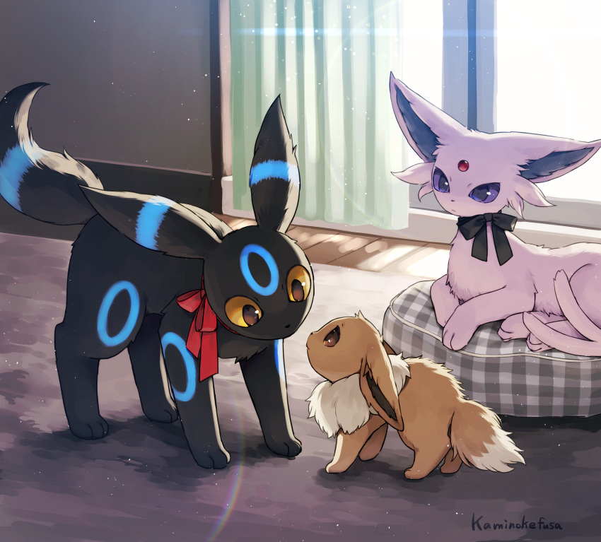all_fours alternate_color artist_name black_fur black_ribbon black_tail blue_fur brown_eyes brown_fur brown_tail colored_sclera eevee espeon evolutionary_line extra_tails forehead_jewel highres indoors kaminokefusa light looking_at_another looking_down no_humans pokemon pokemon_(creature) purple_fur purple_sclera purple_tail red_ribbon ribbon shiny_pokemon two-tone_fur umbreon violet_eyes wooden_floor yellow_sclera