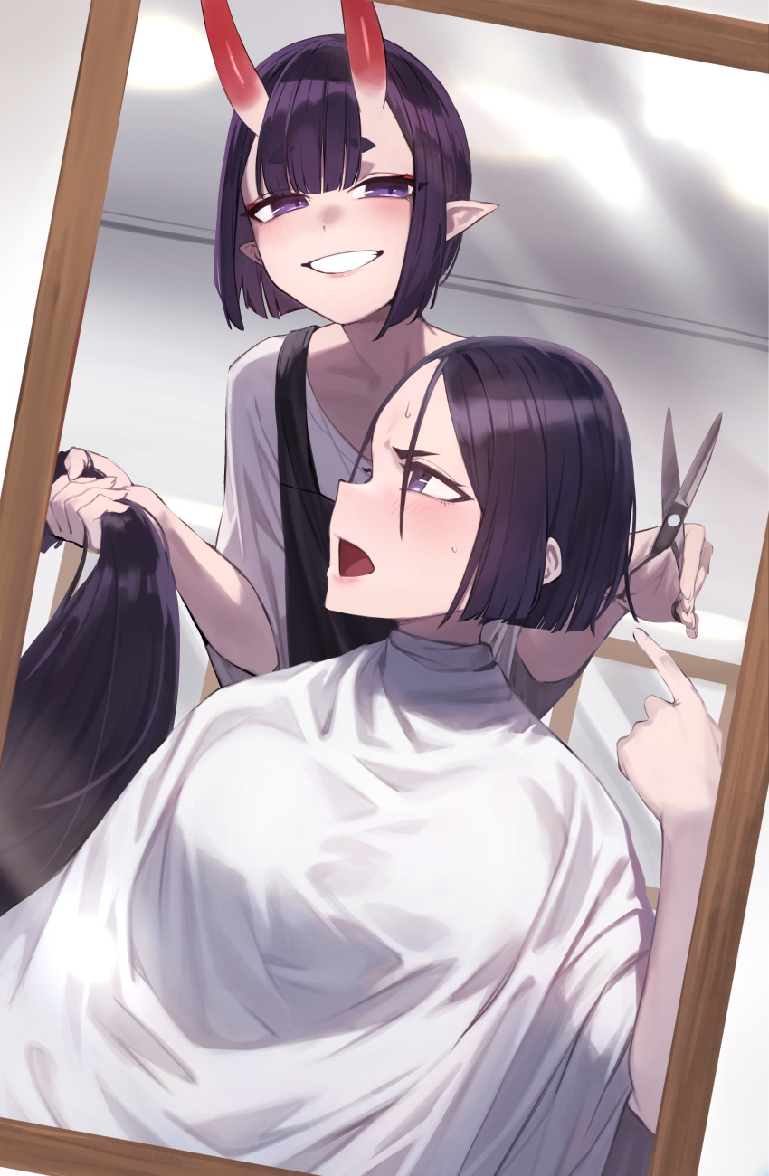 2girls absurdres alternate_hair_length alternate_hairstyle angry apron bent_over black_apron blunt_bangs blunt_ends blush bob_cut center-flap_bangs chorogon cutting_hair dutch_angle eyeliner fate/grand_order fate_(series) furrowed_brow grin hair_salon hand_in_another's_hair highres holding holding_another's_hair holding_scissors horns indoors leaning_forward looking_at_another looking_at_mirror looking_at_viewer looking_back makeup minamoto_no_raikou_(fate) mirror multiple_girls narrowed_eyes oni open_mouth pointing pointing_at_self pointy_ears purple_hair red_eyeliner reflection scissors severed_hair shirt short_hair shuten_douji_(fate) skin-covered_horns smile thick_eyebrows upper_body v-shaped_eyebrows violet_eyes w_arms white_apron white_shirt