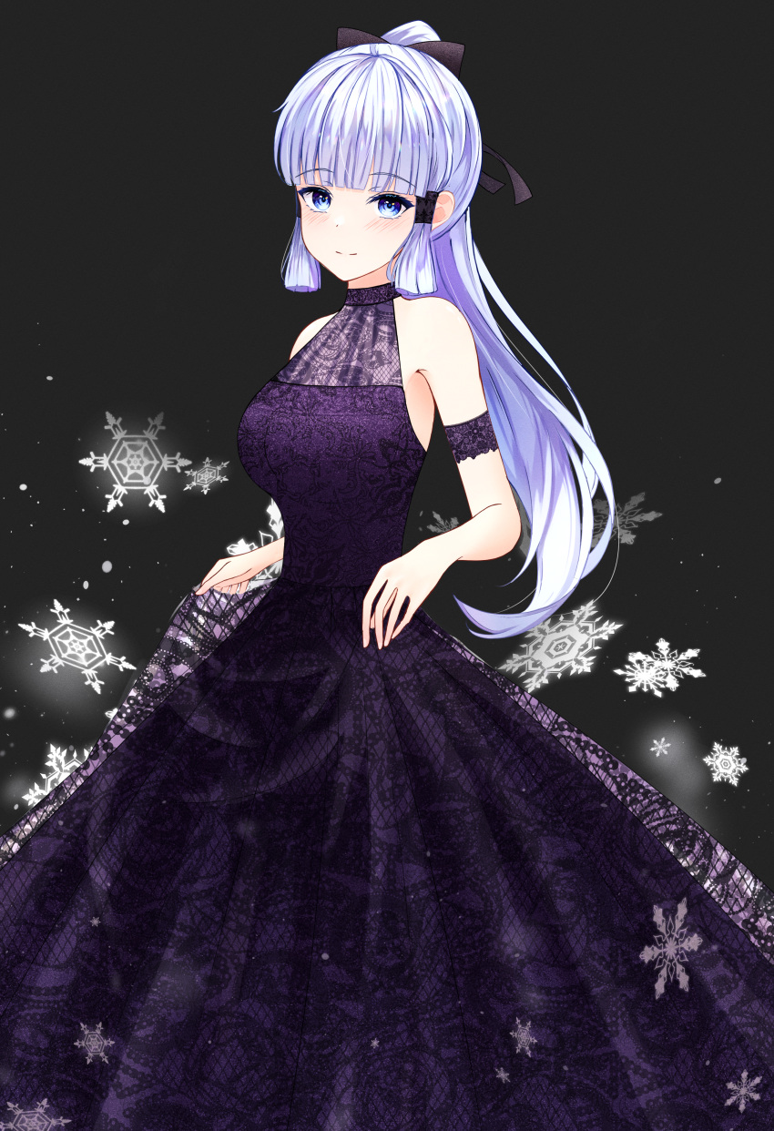 1girl 271 absurdres alternate_costume arm_garter bare_shoulders black_background black_bow blue_eyes blunt_bangs blush bow commentary cowboy_shot dress from_side genshin_impact hair_bow high_ponytail highres kamisato_ayaka long_hair looking_at_viewer patterned purple_dress simple_background skirt_hold sleeveless sleeveless_dress snowflakes solo very_long_hair white_hair