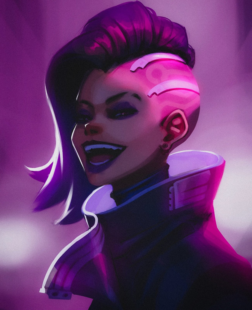 1girl asymmetrical_hair black_hair bodysuit bodysuit_under_clothes close-up earrings eyebrow_cut eyeshadow grin high_collar highres jacket jewelry long_hair looking_at_viewer makeup open_mouth overwatch overwatch_1 pink_theme portrait purple_eyeshadow purple_hair purple_lips purple_theme sideways_glance simple_background smile solo sombra_(overwatch) stud_earrings teeth titanartx tongue undercut violet_eyes