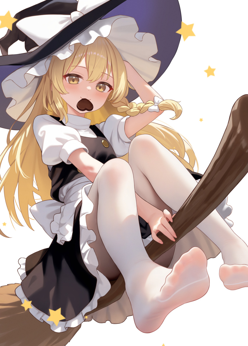 1girl absurdres black_hat black_skirt blonde_hair bow braid broom broom_riding candy chocolate fanteam feet food hair_bow hat heart heart-shaped_chocolate highres kirisame_marisa long_hair looking_at_viewer mouth_hold no_shoes pantyhose puffy_short_sleeves puffy_sleeves short_sleeves simple_background single_braid skirt soles solo star_(symbol) touhou white_background white_bow white_pantyhose yellow_eyes