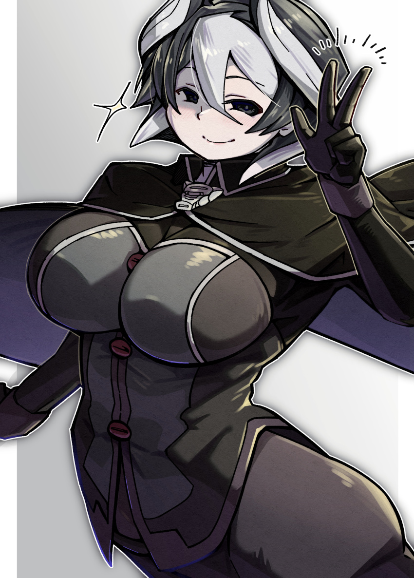 1girl black_cape black_hair breasts cape highres made_in_abyss mikiji multicolored_hair ozen salute shirt smile two-finger_salute two-tone_hair white_hair