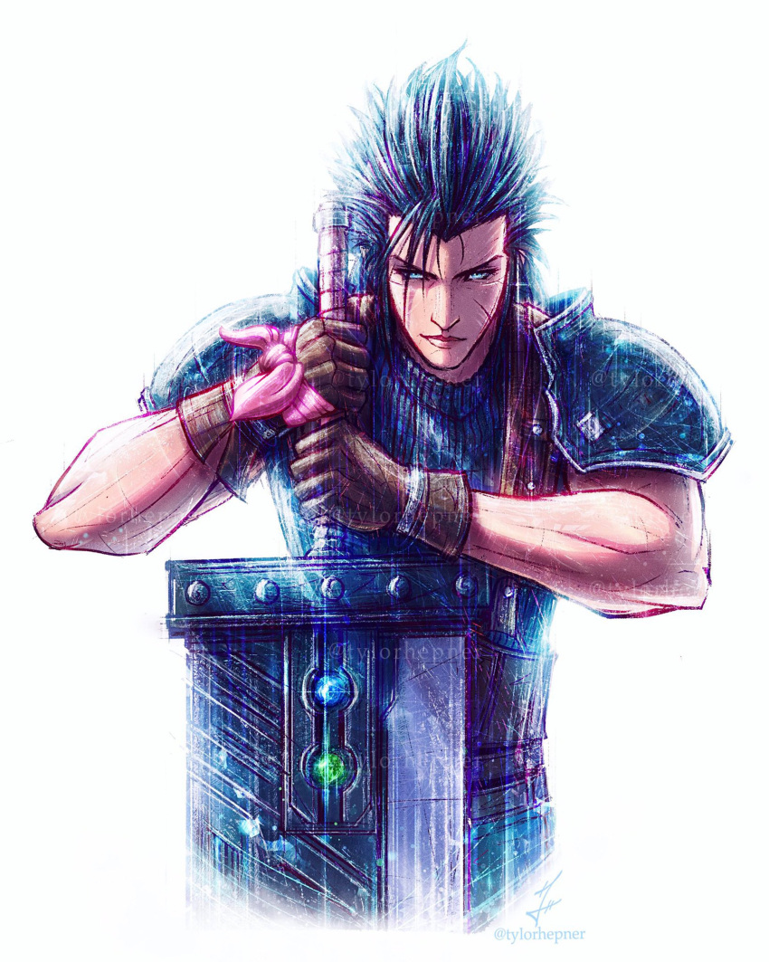 1boy absurdres armor black_hair blue_eyes brown_gloves buster_sword closed_mouth commentary english_commentary final_fantasy final_fantasy_vii final_fantasy_vii_rebirth final_fantasy_vii_remake gloves hair_slicked_back highres holding holding_sword holding_weapon huge_weapon instagram_username looking_at_viewer male_focus materia pink_ribbon ribbed_sweater ribbon scar scar_on_cheek scar_on_face short_hair shoulder_armor signature sleeveless sleeveless_turtleneck solo spiky_hair sweater sword turtleneck turtleneck_sweater tylor_hepner upper_body weapon white_background zack_fair