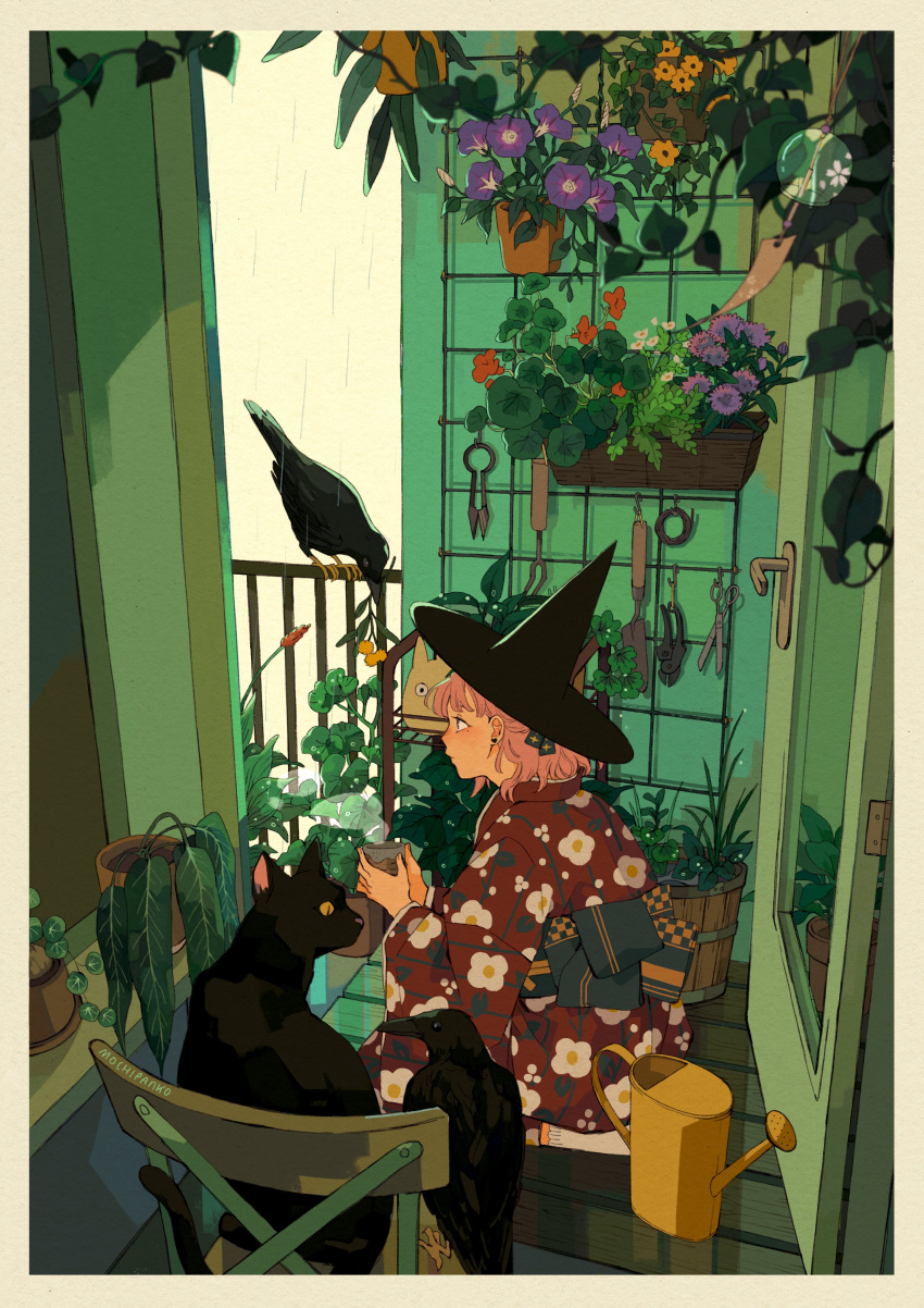1girl absurdres back_bow bird black_cat black_hat blue_bow blue_ribbon border bow cat chair clouds cloudy_sky commentary crow cup drink english_commentary floral_print flower from_side full_body hair_ribbon hat highres holding holding_drink indoors japanese_clothes kimono kneeling long_sleeves medium_hair mochipanko obi open_door original pansy parted_lips pink_hair plant potted_plant purple_flower railing rain red_flower red_kimono red_sleeves ribbon sash scenery scissors shovel sky socks solo steam tile_wall tiles watering_can white_border white_flower white_socks wide_sleeves wind_chime witch witch_hat wooden_floor yellow_flower yukata yunomi